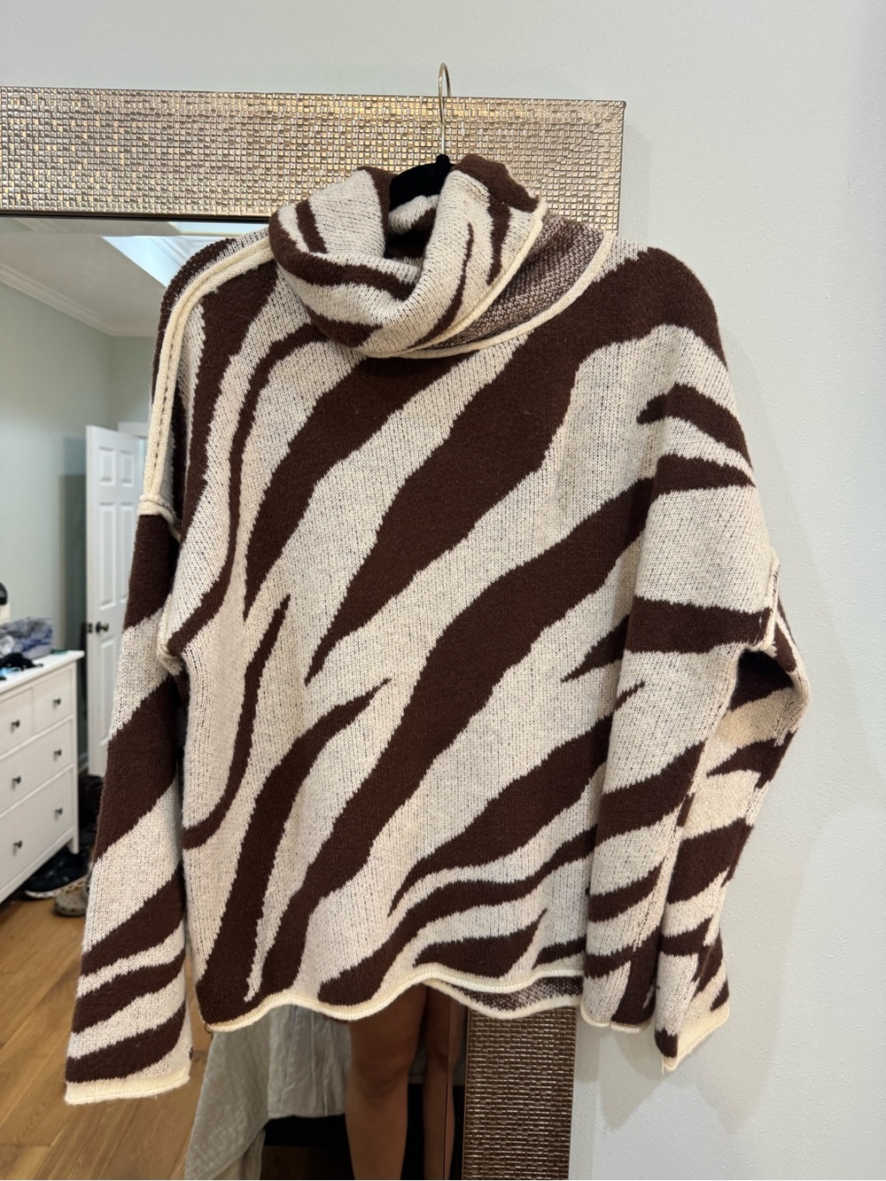 POL Zebra-Stripe Cowl Neck Sweater in Cream & Brown